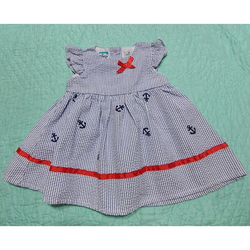 Bunble Birdie Vintage  Dress  Baby Size  3M,striped,Button Behind, 8 Inch Of Arm